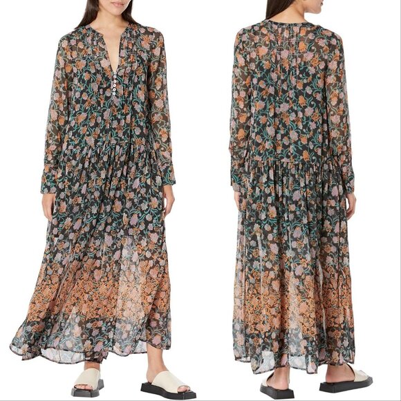 FREE PEOPLE See It Through Long Sleeve Maxi DRESS S M L Floral Black Combo NEW - Picture 5 of 14